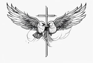 Two birds on forearm flying towards each other one below the other and up towards with a cross in between them tattoo idea