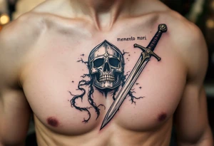 A skeleton knight’s helmet resting beside a sword in metallic silver and black, "memento mori" scrawled in aged ink below. tattoo idea