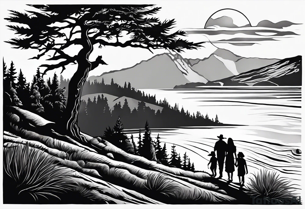 A shadow of a family of four walking through the Pacific northwest landscape. Faith centered and add Mexican culture .  Add border with crosses tattoo idea