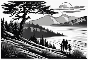 A shadow of a family of four walking through the Pacific northwest landscape. Faith centered and add Mexican culture .  Add border with crosses tattoo idea
