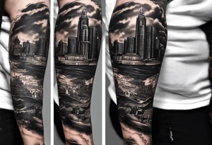 Full Leg sleeve. Red Tails African American Air Force, Buffalo Soldiers African American Army and Uss Mason African American Navy. with Kansas City Skyline and buildings intertwined and a Lion tattoo idea