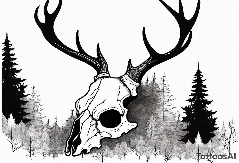 Halloween side view of a DECAYING deer skull JUST BONE surrounded by a forest fire in background tattoo idea