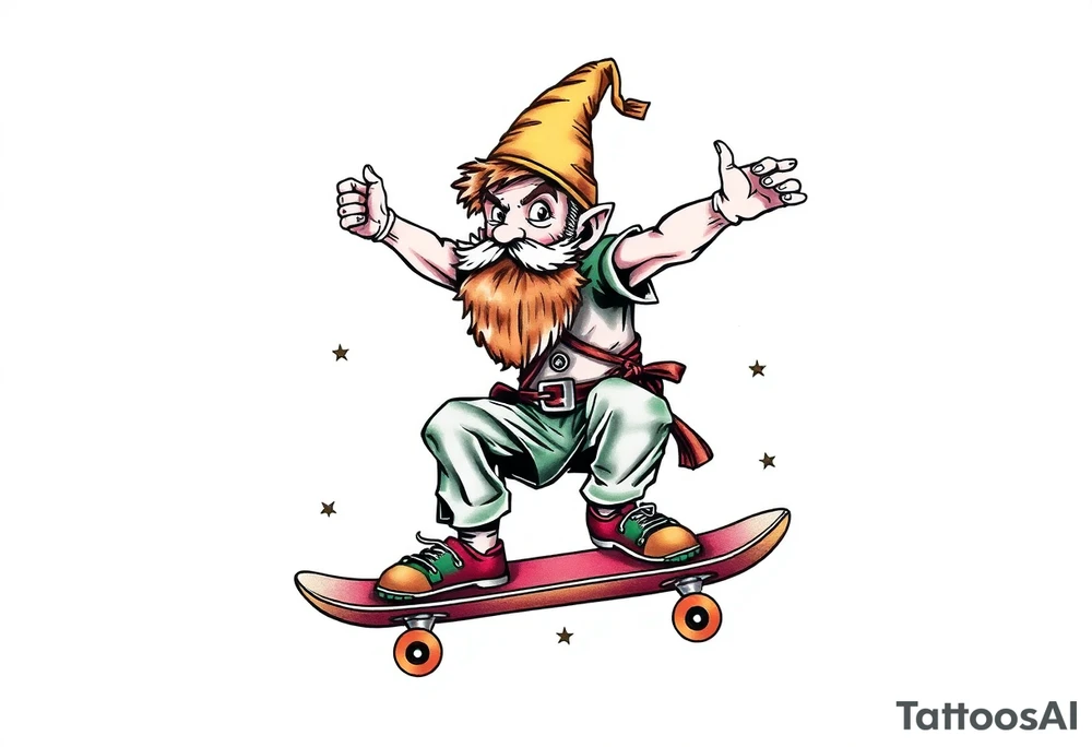 an old bearded peter pan riding a skateboard tattoo idea