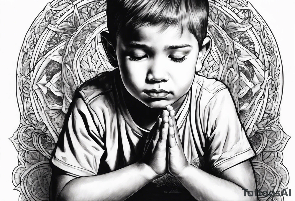little boy kneeling and praying tattoo idea