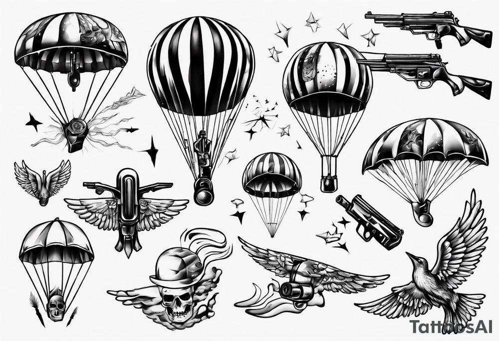 man parachute and shooting guns tattoo idea