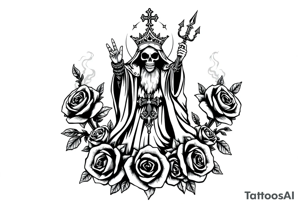 Evil Santa muerte rising out of smoke surrounded by 
 roses tattoo idea