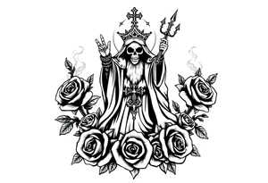 Evil Santa muerte rising out of smoke surrounded by 
 roses tattoo idea
