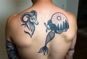 mixed color tattoo as a sleeve on the arm: zodiac sign aries, majestic ram with horns curled upwards, beautiful mermaid and forest around with starry sky tattoo idea