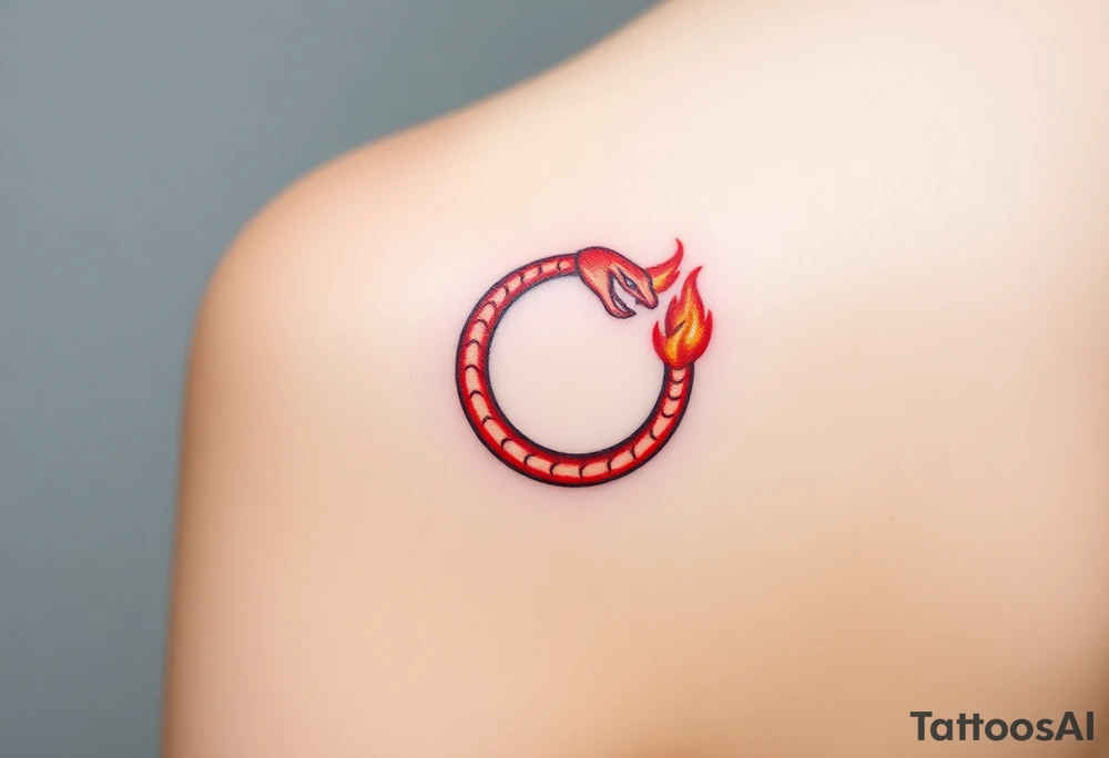 A fiery red and orange Ouroboros snake in cyrcle, with flickering flames engulfing the tail, representing passion and rebirth. tattoo idea