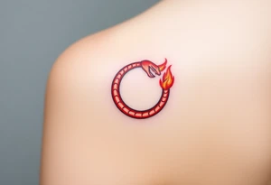 A fiery red and orange Ouroboros snake in cyrcle, with flickering flames engulfing the tail, representing passion and rebirth. tattoo idea