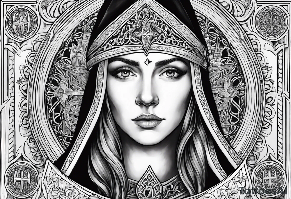 A full back piece themed on the surname mcbride and the irish saint bridget. It should not have her actual face in it. It should take inspiration from artwork of saint bridget holding fire in her hands. It should have the text Vincit Pericula Virtus on it tattoo idea
