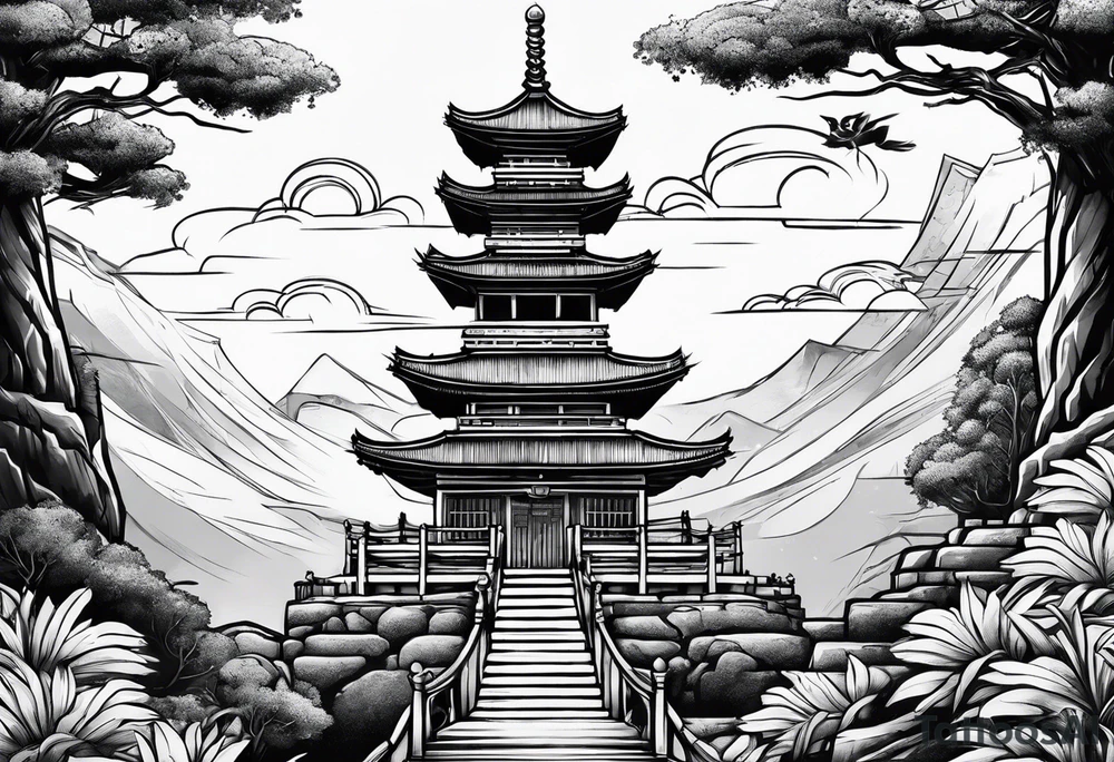 tower with ronin climbing the stairs tattoo idea