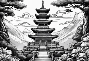 tower with ronin climbing the stairs tattoo idea