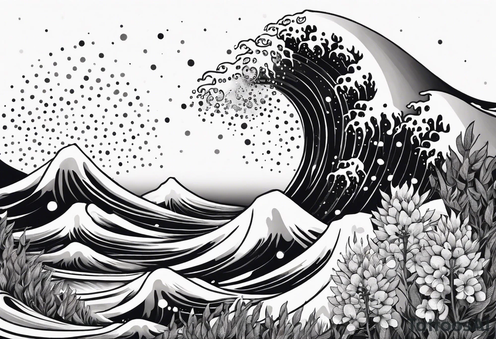 ocean wave surrounded by lupin and fireweed tattoo idea