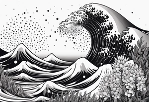 ocean wave surrounded by lupin and fireweed tattoo idea