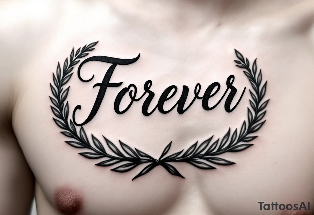 "Forever" in fine serif type, inked in dark green, resting above a laurel wreath. tattoo idea