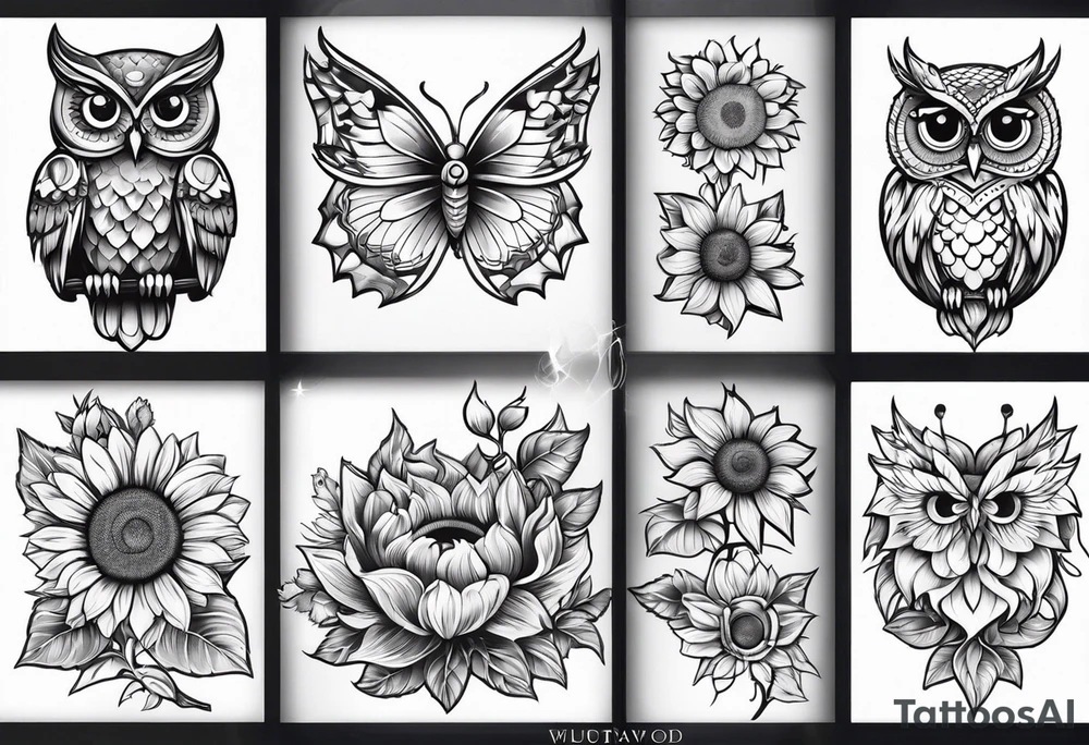 Small owl with butterfly and sunflower leg sleeve tattoo idea