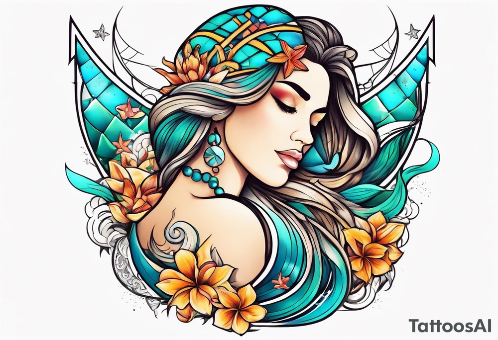 Pisces summer beach mother love tattoo idea