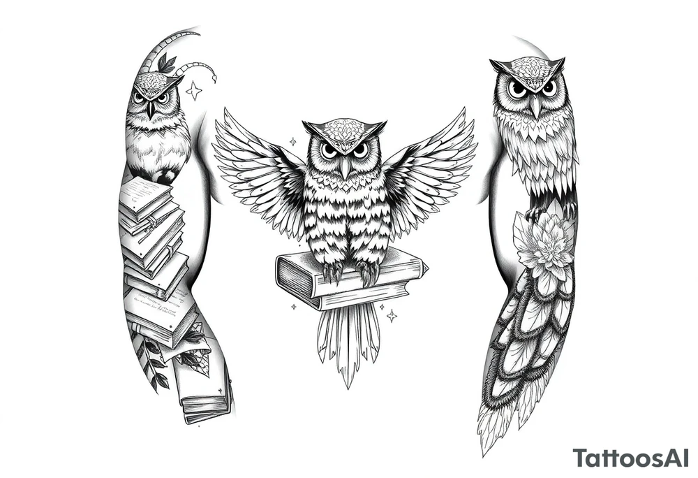 A combination of the ancient symbols of wisdom with books mixed in and owls tattoo idea