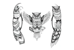 A combination of the ancient symbols of wisdom with books mixed in and owls tattoo idea