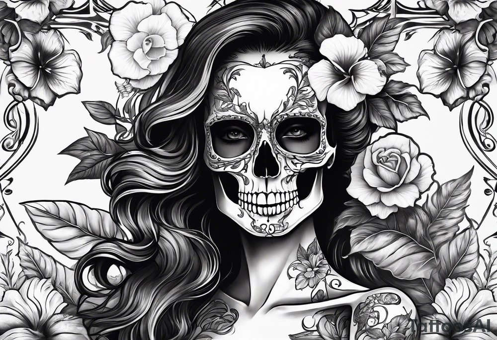 a full body female skeleton with hibiscus flower. tattoo idea