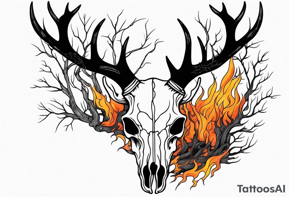 Halloween side view of a DECAYING deer skull JUST BONE surrounded by a flames and trees in background tattoo idea
