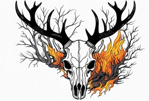 Halloween side view of a DECAYING deer skull JUST BONE surrounded by a flames and trees in background tattoo idea