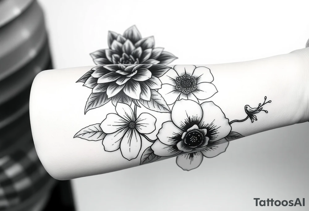 Design a detailed and artistic forearm tattoo featuring four symbolic flowers. Start with a dark, intense Black Dahlia at the upper part of the forearm, representing madness, with bold, sharp petals for a dramatic effect. Transition into a strong and structured Oakleaf Hydrangea to symbolize masculinity and resilience, with distinct oak-shaped leaves. Below it, integrate a delicate Anemone with soft petals and a dark center to symbolize searching and longing. Finish with a serene and elegant White Camellia near the wrist, symbolizing peace and purity. The design should flow naturally along the forearm, with the flowers gradually blending into one another. Use intricate linework, fine details, and a balance of dark and light shading to reflect the journey from madness to peace. The overall style should be realistic with a hint of abstract elements, enhancing the emotional narrative of the piece." tattoo idea