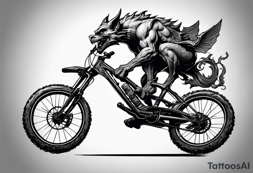 gargoyle riding a full suspension mountain bike with a shadow no background tattoo idea
