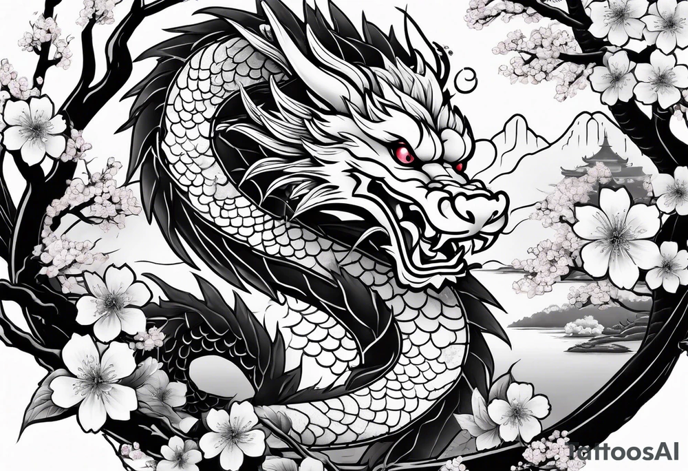 Japanese dragon with cherry blossom trees in the background tattoo idea