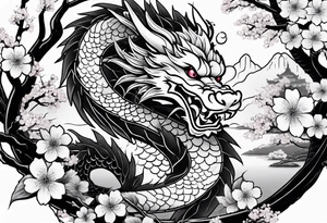Japanese dragon with cherry blossom trees in the background tattoo idea