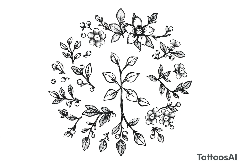 a round floral pattern containing symbols and icons for christmas, winter, mistletoe, oklive branches tattoo idea