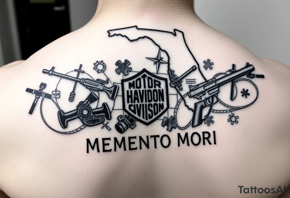 futuristic memory tattoo for passed boyfriend; Florida, gulf coast water, Harley Davidson, skateboarding, puzzle pieces, video games, heaven, god, outdoors, guns, disc golf, words "MEMENTO MORI" tattoo idea