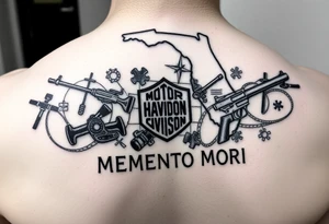 futuristic memory tattoo for passed boyfriend; Florida, gulf coast water, Harley Davidson, skateboarding, puzzle pieces, video games, heaven, god, outdoors, guns, disc golf, words "MEMENTO MORI" tattoo idea