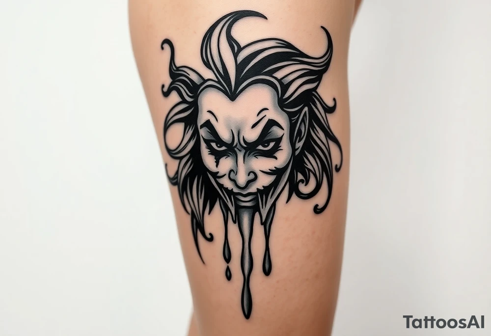 Powerful new age joker half face dripping surrounded with tribal tattoo idea