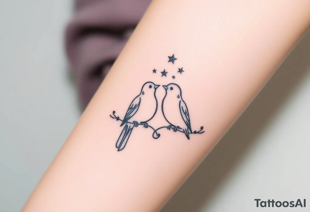 two birds sitting, stars and infinity theme couples tattoo tattoo idea