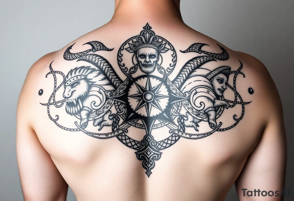 Powerful complex Full back Tattoo, including every Symbol of the 12 Greek gods and some Parts of Celtic rope work. tattoo idea