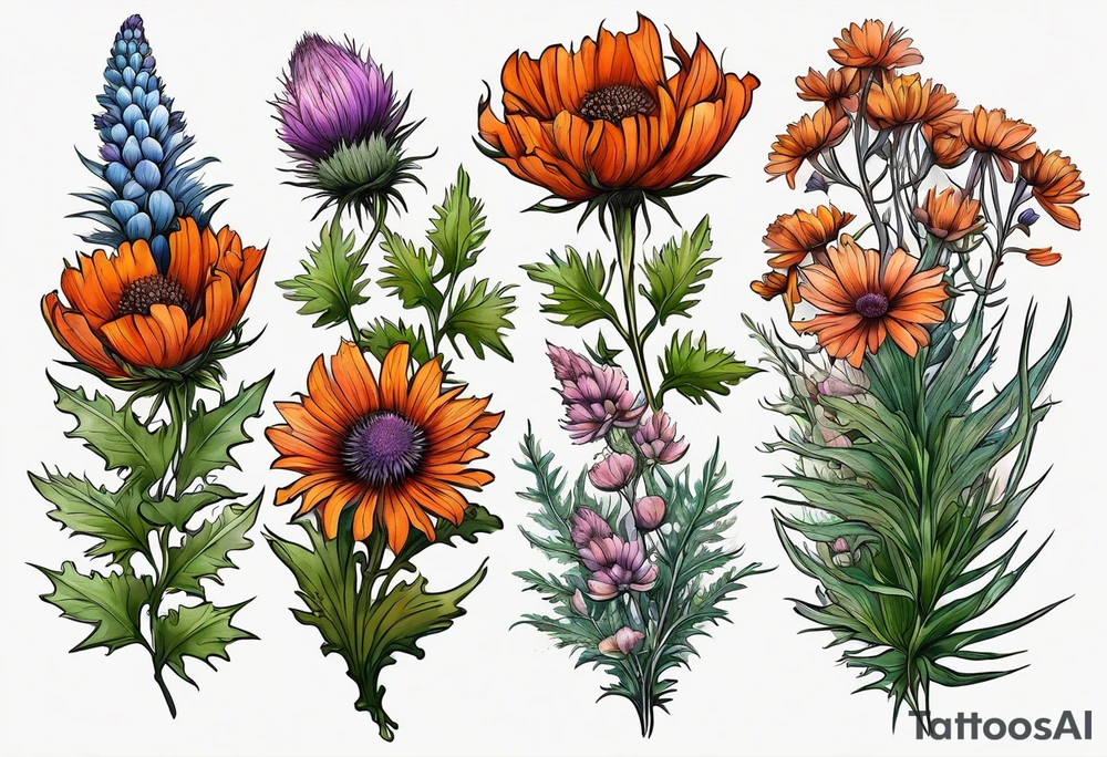 cascading wildflowers with thistles, ferns, burnt orange flowers all in color tattoo idea