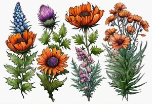 cascading wildflowers with thistles, ferns, burnt orange flowers all in color tattoo idea