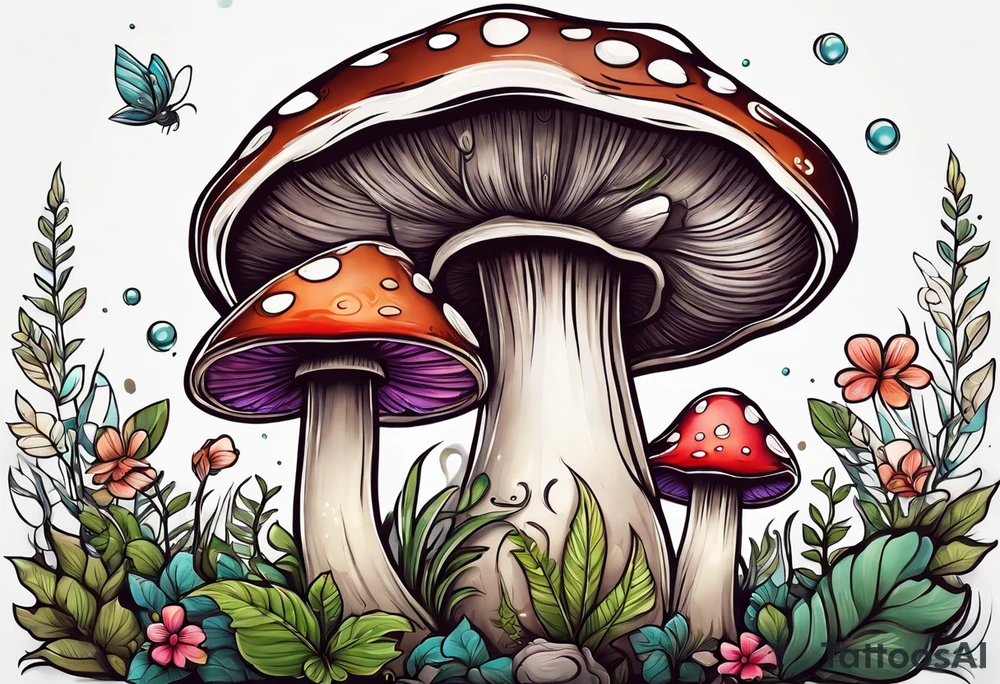 Happy mushroom surrounded by smaller plants tattoo idea