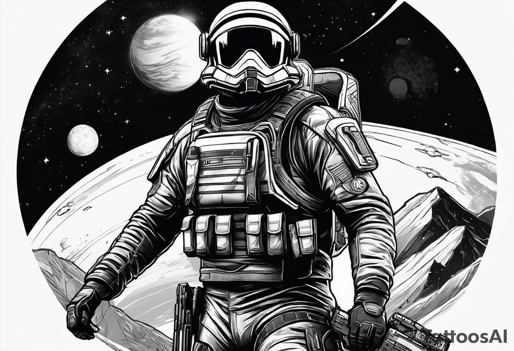 N7 Soldier in place on a planet with the cosmos in the background tattoo idea