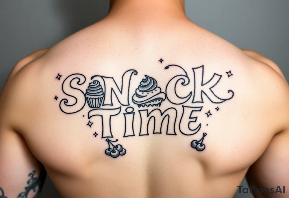 Pretty letters with lots of swooshes saying snack time with cupcakes, cherries and stars tattoo idea