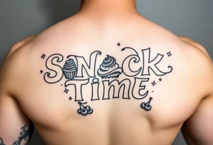 Pretty letters with lots of swooshes saying snack time with cupcakes, cherries and stars tattoo idea