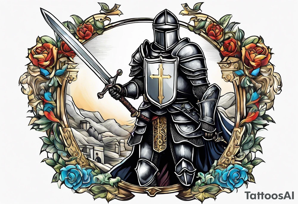 a knight pulling a sword out of an open bible tattoo idea