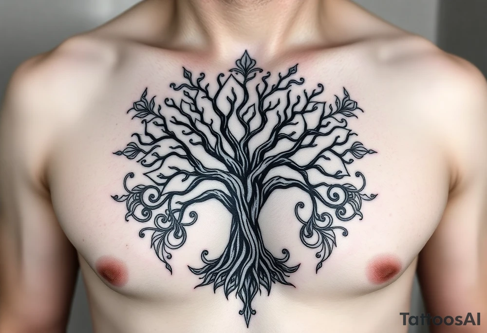 Detailed tree of life tree with designs around it tattoo idea