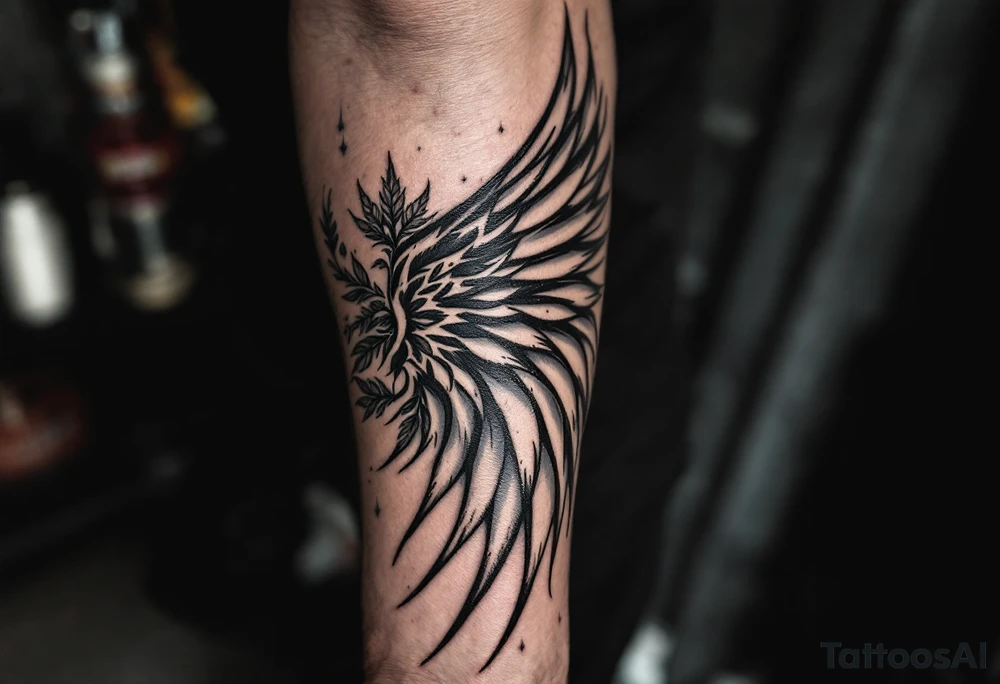 Dunning, Details include name in white color,angel wing, rain drop jungles leaves,cool font, gold tattoo idea