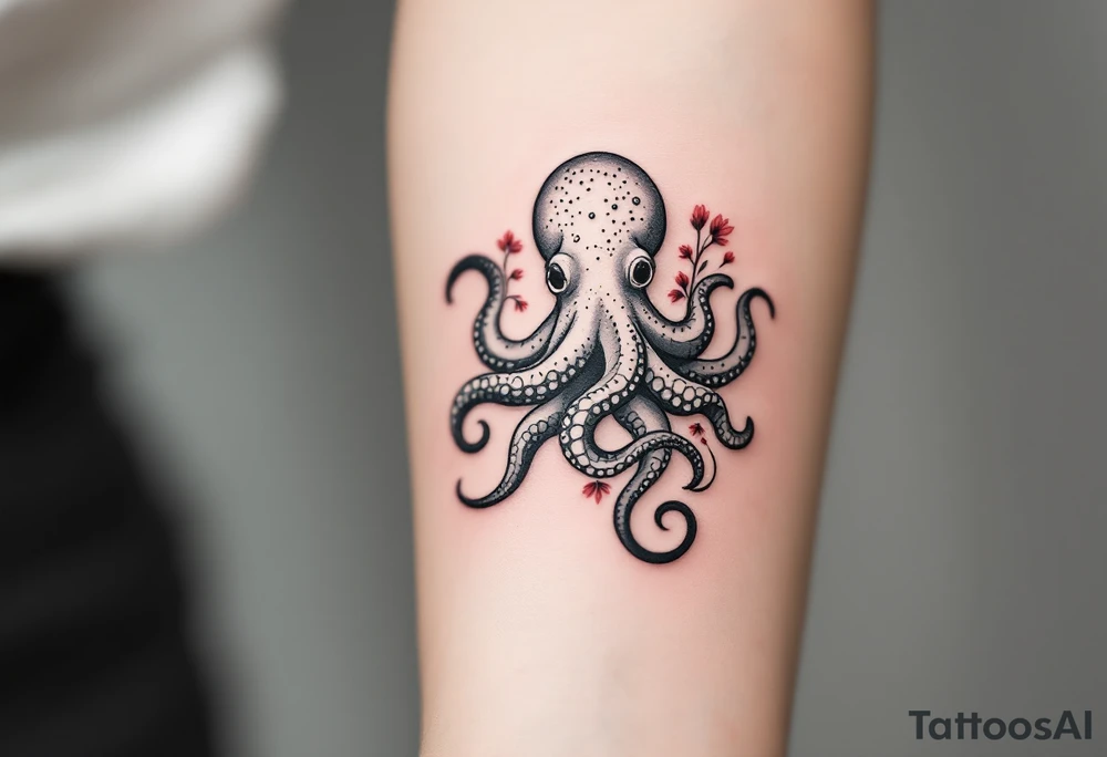 A small realistic black and grey tattoo of an octopus, cute, with detailed shading and soft linework, showing the octopus with swirling tentacles, on light skin. ornamental flowers around with red ink. The style is minimalistic and elegant, resembling fine-line tattoo with a shadow tattoo idea