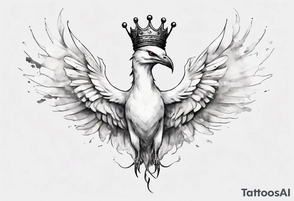 a white bird-serpent hybrid, wearing a small crown, flying in the air tattoo idea