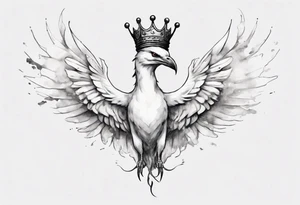a white bird-serpent hybrid, wearing a small crown, flying in the air tattoo idea