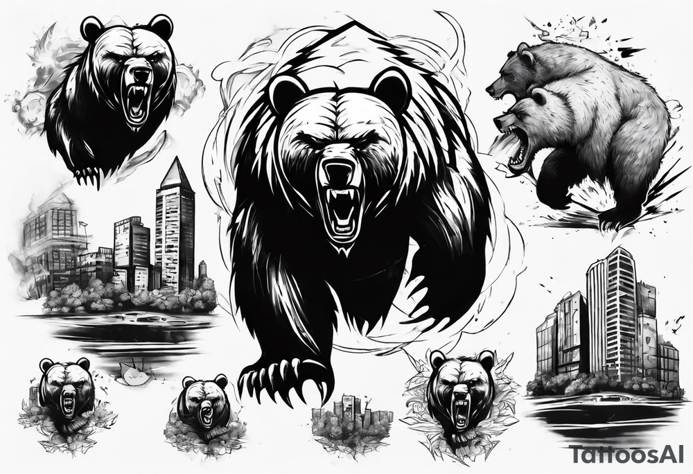 Angry bear coming up behind a city tattoo idea